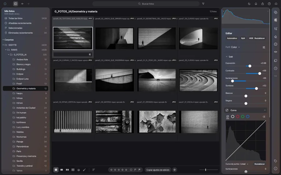 Biblioteca de RAW Studio con álbumes, carpetas y palabras clave junto a la cuadrícula de fotografías