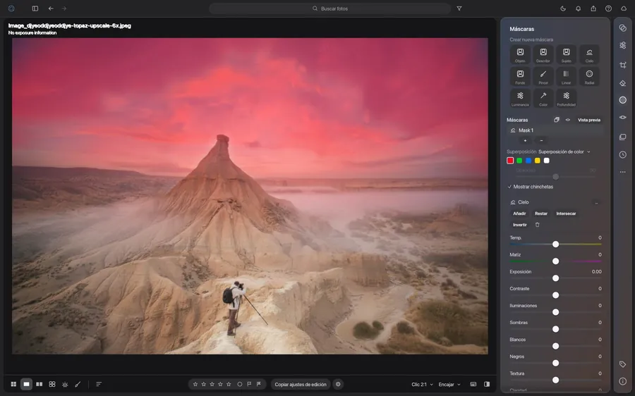 Panel de máscaras de RAW Studio con un degradado lineal aplicado al cielo