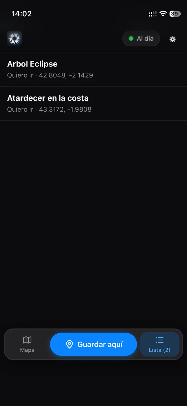 Lista de lugares guardados en el iPhone, con su estado y coordenadas