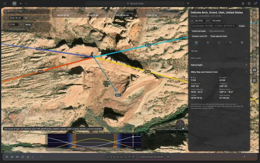 La pestaña Información del planificador con datos de terreno, Sol y Luna y Vía Láctea