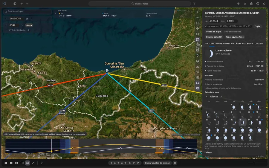 Planificador de RAW Studio a pantalla completa: mapa satélite con las líneas de salida y puesta del Sol y la Luna, y la barra de tiempo inferior